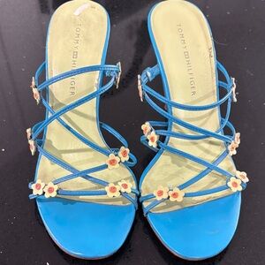 Vintage Tommy Hilfiger Blue Strappy Heels with Floral Accents